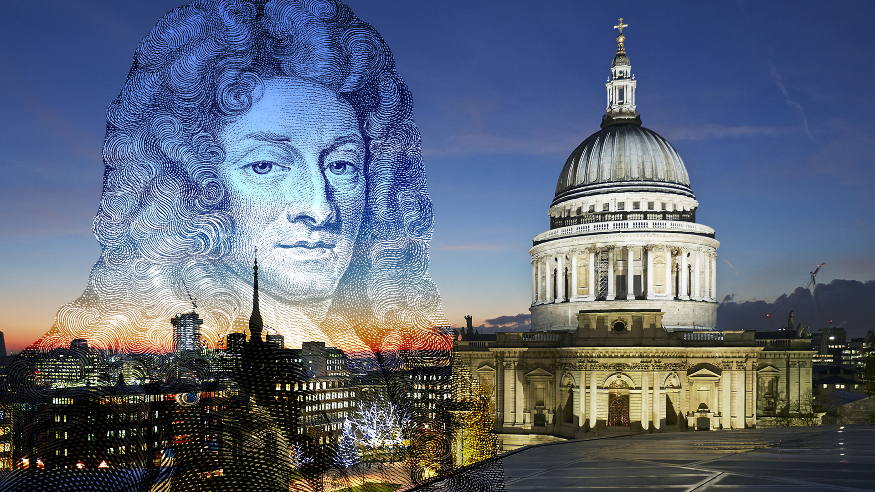 A portrait of Christopher Wren, overlaid on a modern photo of St Paul's Cathedral