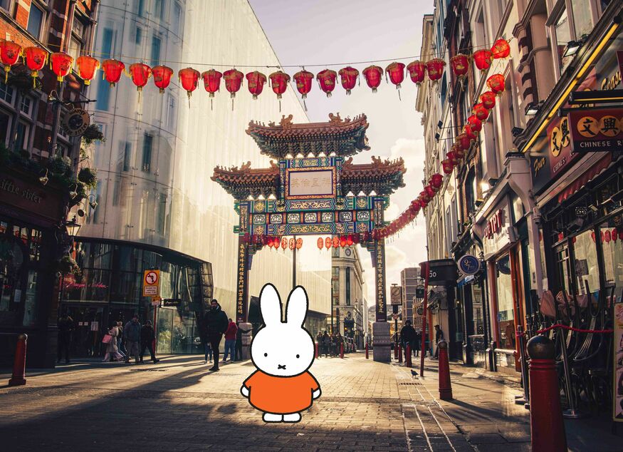 Miffy the animated rabbit stands in London's Chinatown