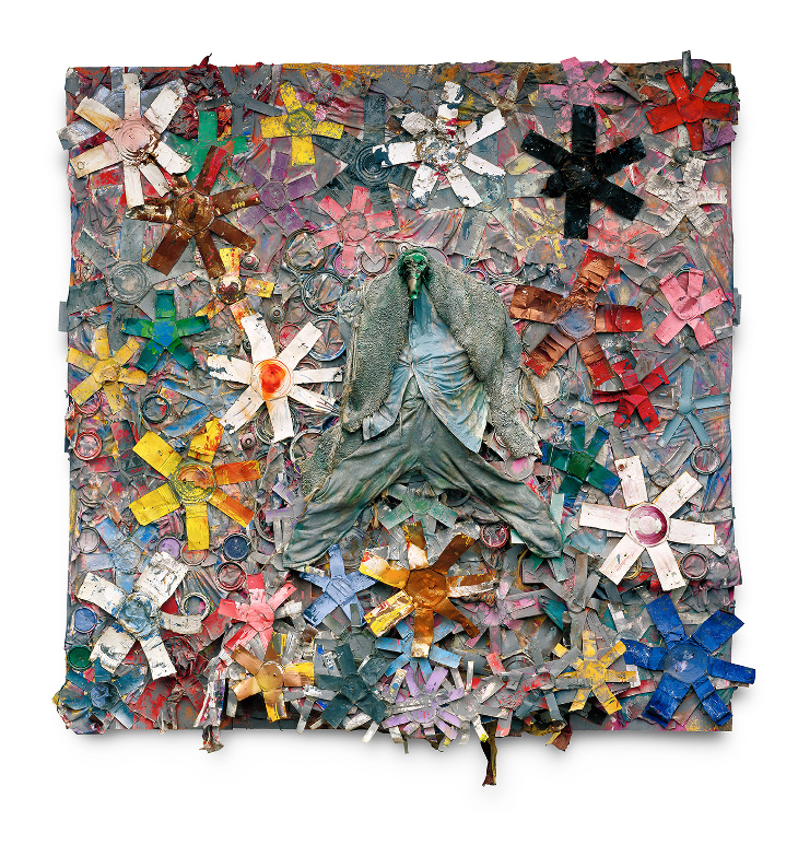 A collage-style artwork centering around a downtrodden American eagle, surrounded by stars made from various pieces of coloured plastic