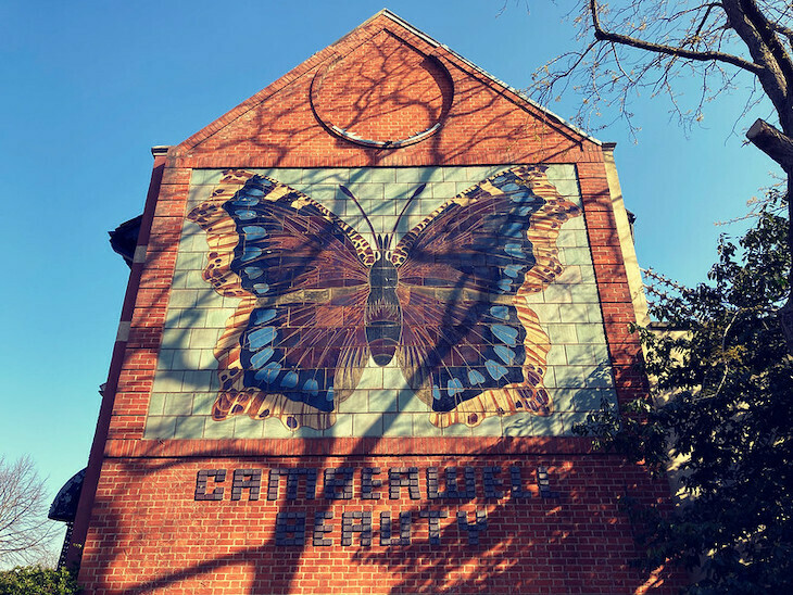 A large mural of a butterfly on a gable end