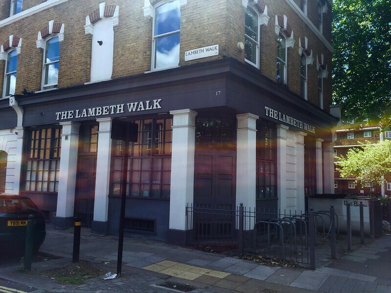 A pub called the Lambeth Walk, with brown and white exterior