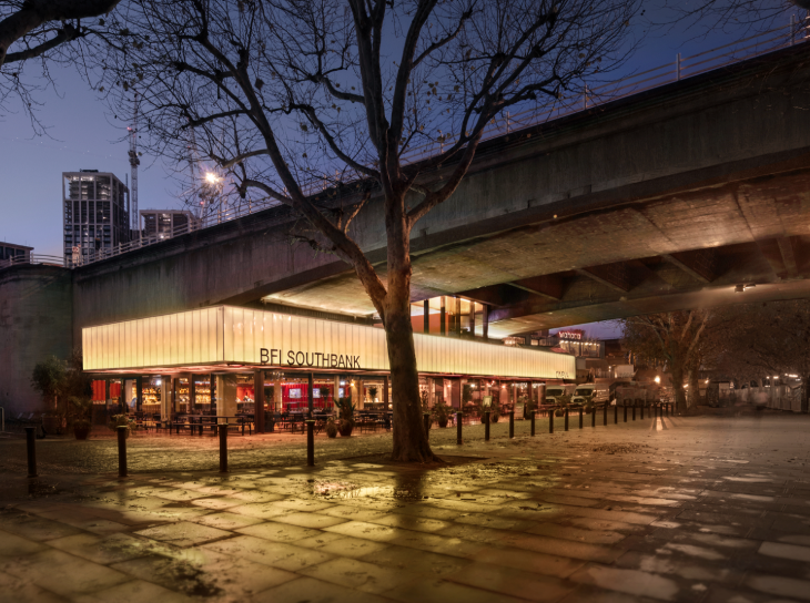 The exterior of BFI Southbank at dusk