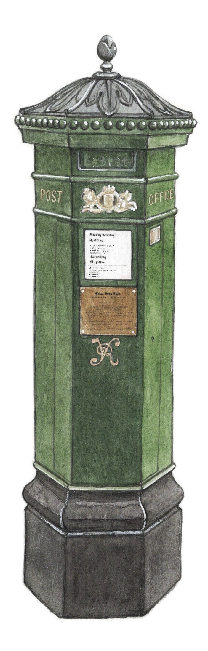 A green ornate postbox