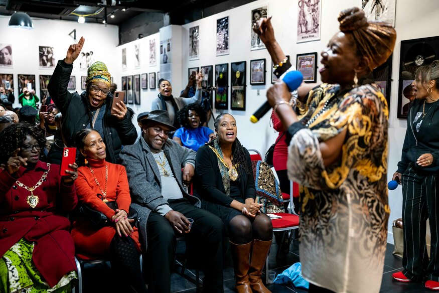 Windrush Day events 2023: Audrey Scott sings her hit ‘Goodbye my Love’ at the launch of the exhibition, Lovers Rock, a genre of reggae introduced by the second generation, in the Windrush Generation Legacy Association in the Whitgift Centre in Croydon.