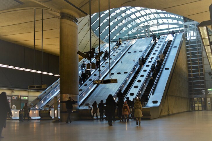 Canary Wharf tube station escalators looking up