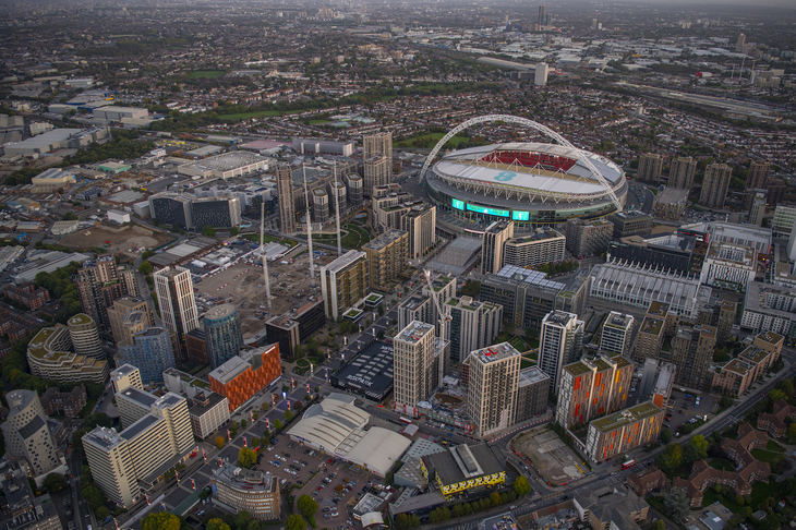 Wembley Stadium surrounded by high rises