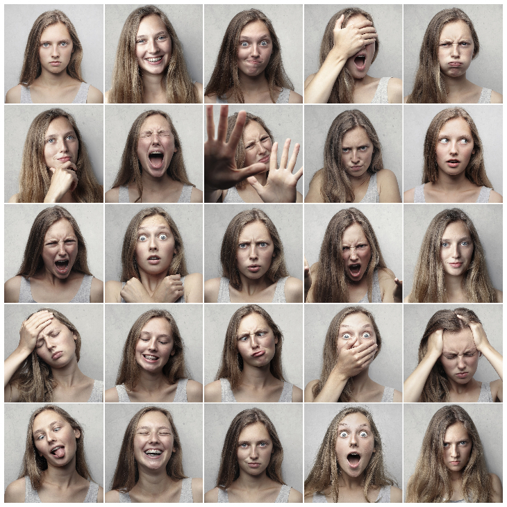 A composite image of photos of one woman pulling many different faces, depicting different emotions.