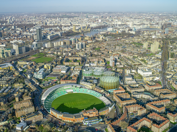 Aerial view dominated by the verdant Oval ground