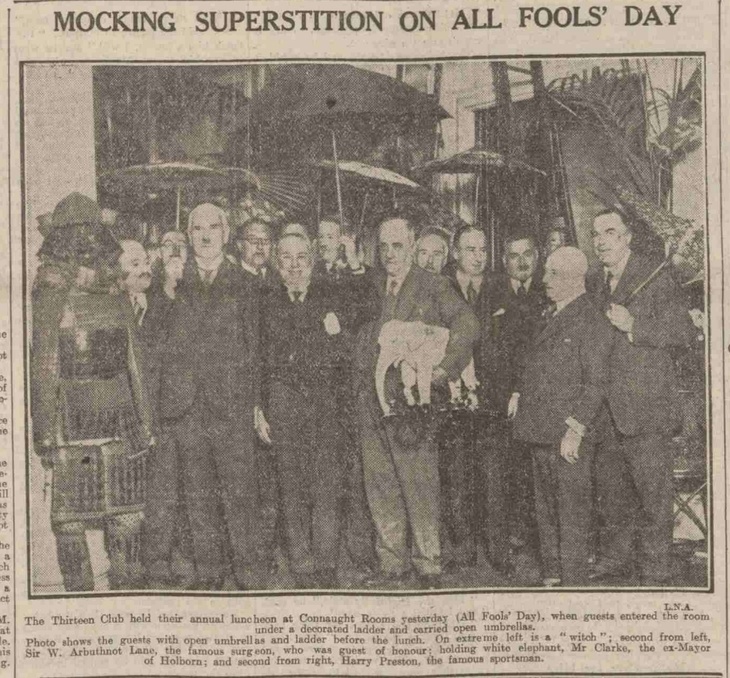 Newspaper cutting of various men doing wacky things like holding toy elephants and clutching umbrellas