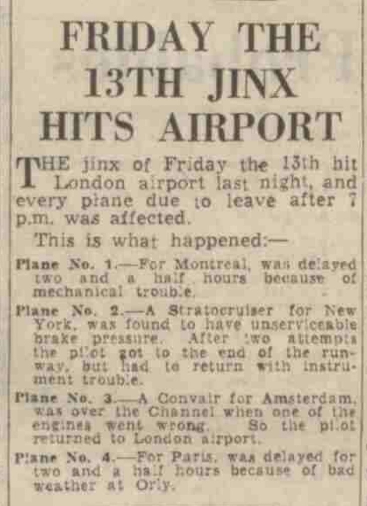 Newspaper clipping explaining an unlucky day for London Airport, with stuff going wrong all over the place