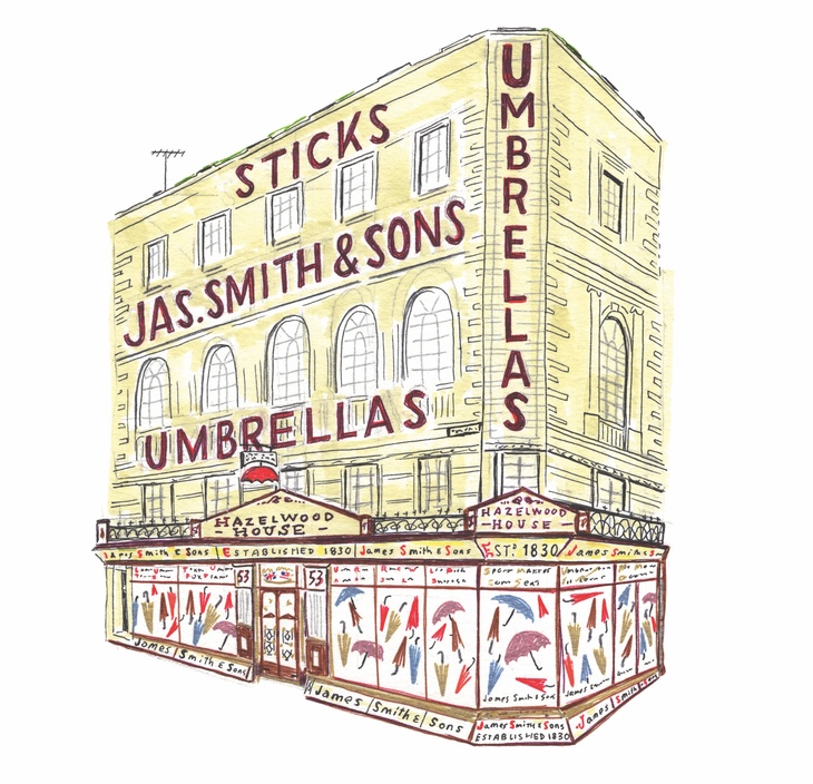 A tall building with an umbrella shop at the bottom - and huge signage above - J A S Smith & Sons Umbrellas