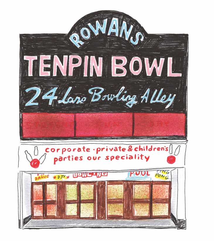 Neon lights announcing Rowans Tenpin Bowl - 24 Lane Bowling Alley