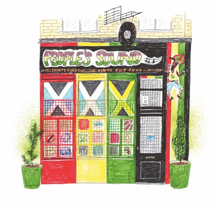 A record shop decked out in the colours of the Jamaican flag