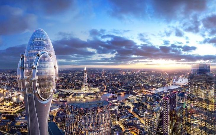 A bulbous tower top is at left of picture with the London skyline, looking toward a sunset in the distance. The Shard is weirdly shortened, as though the developers of the new tower are having a 