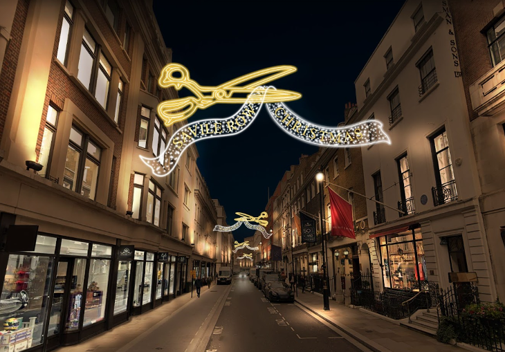 London Christmas lights 2023 guide: a mock-up of the new Savile Row lights, of shears cutting a ribbon of 'fabric' light