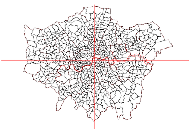 a computer generated map of greater london with red crosshairs showing a point in lambeth