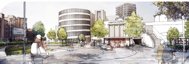 An artist's impression of Surbiton station after a revamp with a spiral car park