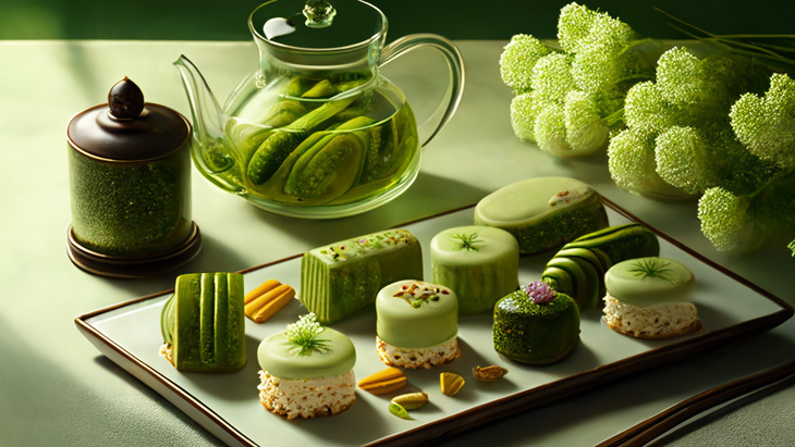 Various green-coloured pickled delights as part of an afternoon tea spread