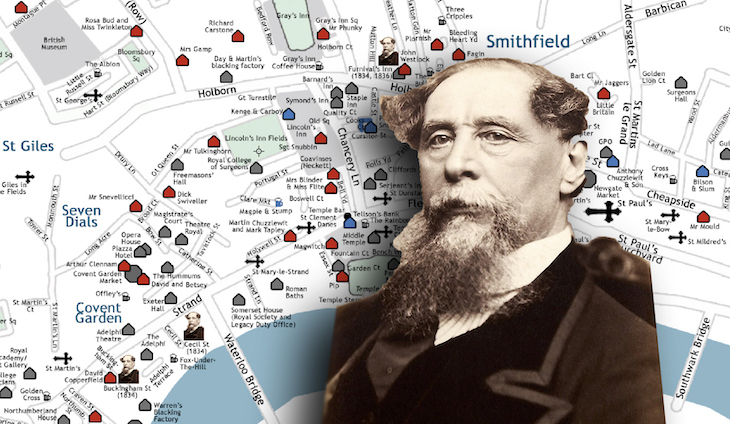Dickens's head over a map