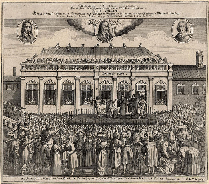 a 17th century print showing the execution of the kind on a platform outside banqueting house, surrounded by onlookers