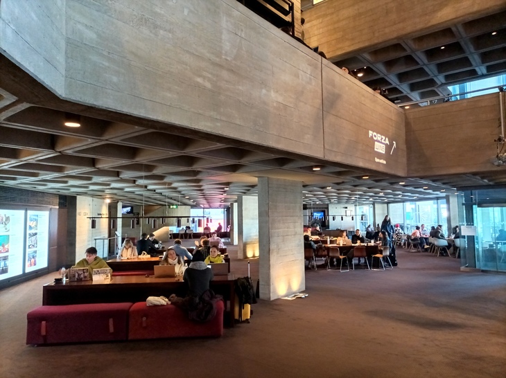 Hot desk spots in central London: The concrete and carpet lobby of the National Theatre