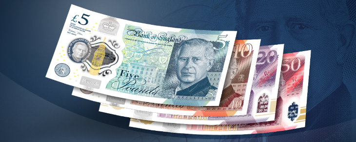 A £5, £10, £20 and £50 note, each depicting King Charles III.