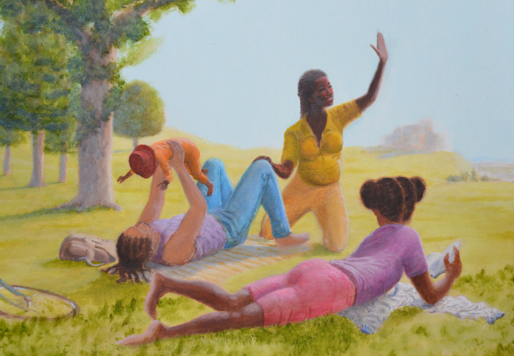 A painting of a family enjoying time outside in a field or park
