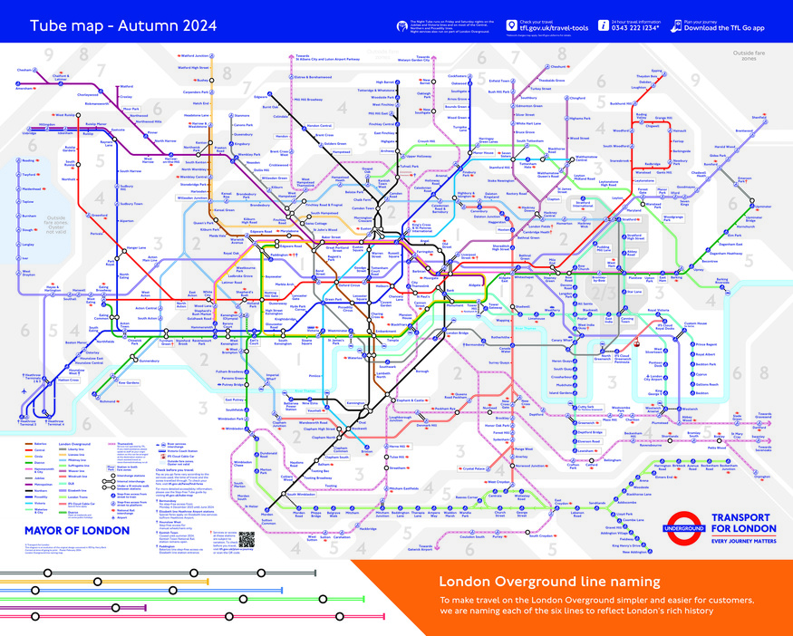 A tube map with new look Overground lines