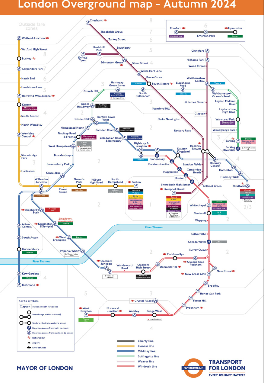 London Overground map with new names and colours for lines