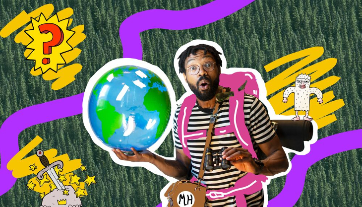 A graphic of a children's entertainer holding a globe