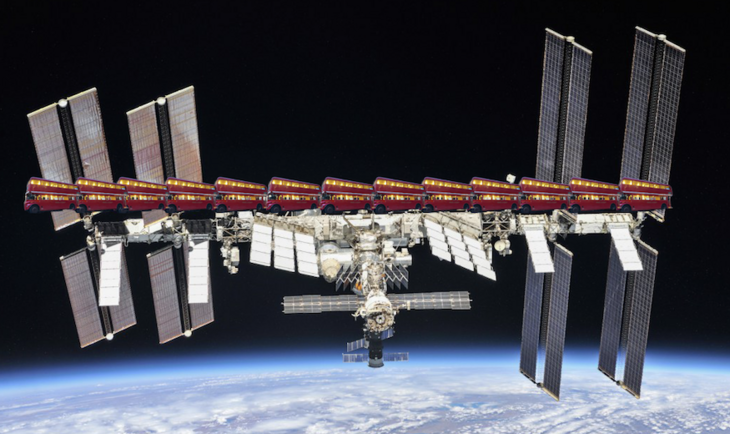 London buses perched on a space station
