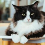 Fluffy cat, who looks similar to the feline who won the cat of the year award, looking at camera, while lying on chair in a house with Scandinavian-style decor.